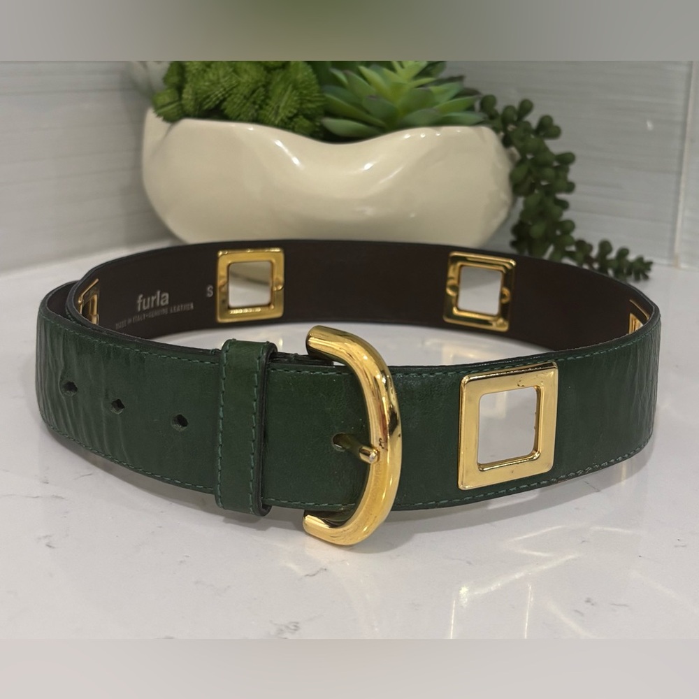 FURLA Vintage Green Leather Belt with Gold Square Buckles Size S Made in Italy